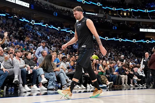 DALLAS, TEXAS - DECEMBER 06: Luka Doncic #77 of the Dallas Mavericks walks off the court before the start of the fourth quarter of the game against the Utah Jazz at American Airlines Center on December 06, 2023 in Dallas, Texas. NOTE TO USER: User expressly acknowledges and agrees that, by downloading and/or using this Photograph, user is consenting to the terms and conditions of the Getty Images License Agreement. (Photo by Sam Hodde/Getty Images)
