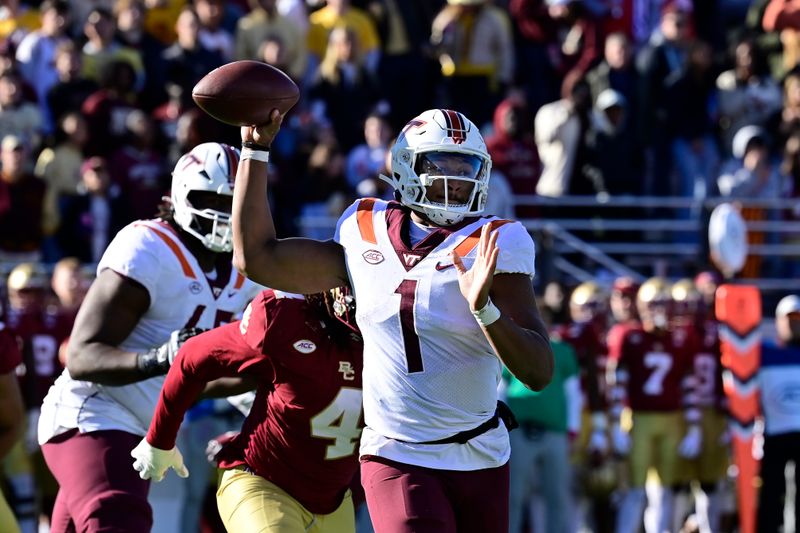 Nov 11, 2023; Chestnut Hill, Massachusetts, USA; Virginia Tech Hokies quarterback Kyron Drones (1) throws a pass during the first half against the Boston College Eagles at Alumni Stadium. Mandatory Credit: Eric Canha-USA TODAY Sports