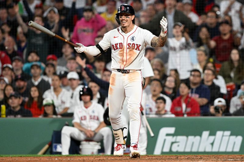 Jun 2, 2025; Boston, Massachusetts, USA; Boston Red Sox outfielder Jarren Duran (16) reacts after striking out against the Los Angeles Angels during the eighth inning at Fenway Park. Mandatory Credit: Brian Fluharty-Imagn Images