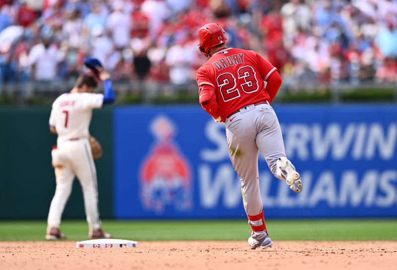 Aug 30, 2023; Philadelphia, Pennsylvania, USA; Los Angeles Angels second baseman Brandon Drury (23) rounds the bases after hitting a two-run home run against the Philadelphia Phillies in the ninth inning at Citizens Bank Park. Mandatory Credit: Kyle Ross-USA TODAY Sports