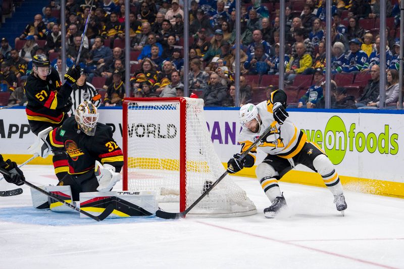 Oct 26, 2024; Vancouver, British Columbia, CAN; Vancouver Canucks defenseman Tyler Myers (57) watches as Pittsburgh Penguins forward Bryan Rust (17) scores on goalie Kevin Lankinen (32) during the second period at Rogers Arena. Mandatory Credit: Bob Frid-Imagn Images