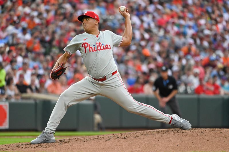 Jun 14, 2024; Baltimore, Maryland, USA;  Philadelphia Phillies pitcher Ranger Suárez (55) throws a second inning pitch against the Baltimore Orioles at Oriole Park at Camden Yards. Mandatory Credit: Tommy Gilligan-USA TODAY Sports