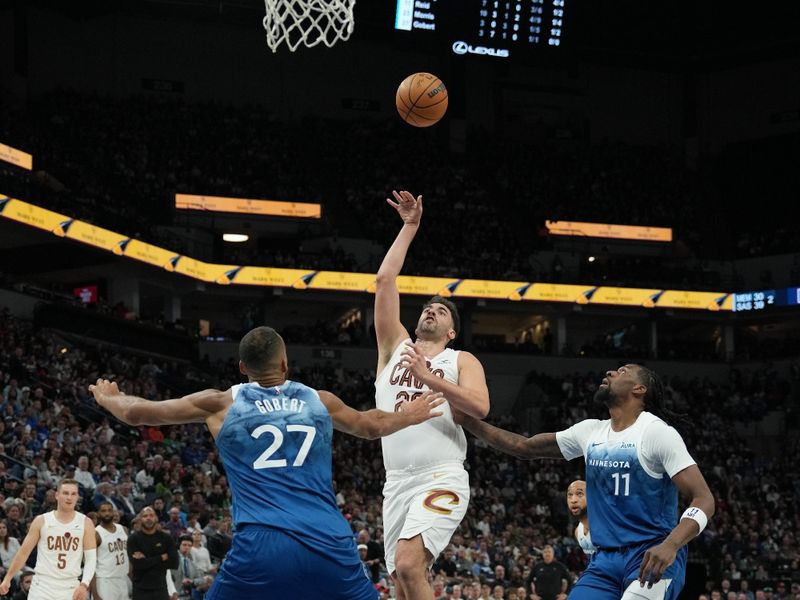 MINNEAPOLIS, MN -  MARCH 22: Georges Niang #20 of the Cleveland Cavaliers drives to the basket during the game against the Minnesota Timberwolves on March 22, 2024 at Target Center in Minneapolis, Minnesota. NOTE TO USER: User expressly acknowledges and agrees that, by downloading and or using this Photograph, user is consenting to the terms and conditions of the Getty Images License Agreement. Mandatory Copyright Notice: Copyright 2024 NBAE (Photo by Jordan Johnson/NBAE via Getty Images)