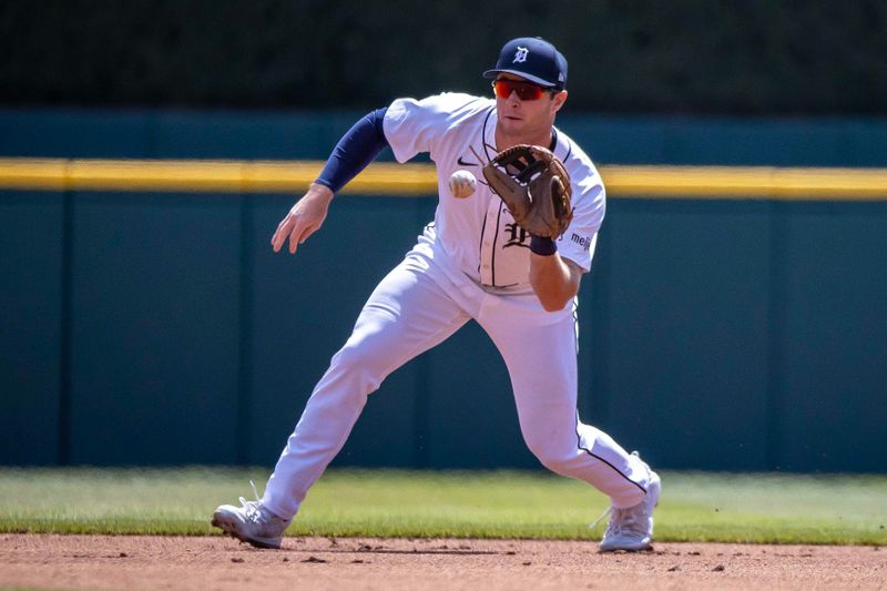 Apr 26, 2024; Detroit, Michigan, USA; Detroit Tigers second base Colt Keith (33) runs down a ground ball against the Kansas City Royals at Comerica Park. Mandatory Credit: David Reginek-USA TODAY Sports