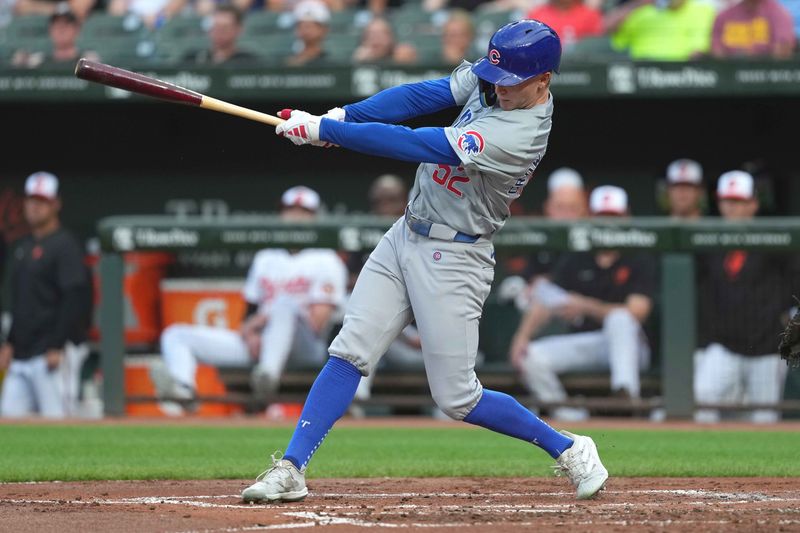 Jul 10, 2024; Baltimore, Maryland, USA; Chicago Cubs outfielder Pete Crow-Armstong (52) singles to drive in a run during the second inning against the Baltimore Orioles at Oriole Park at Camden Yards. Mandatory Credit: Mitch Stringer-USA TODAY Sports