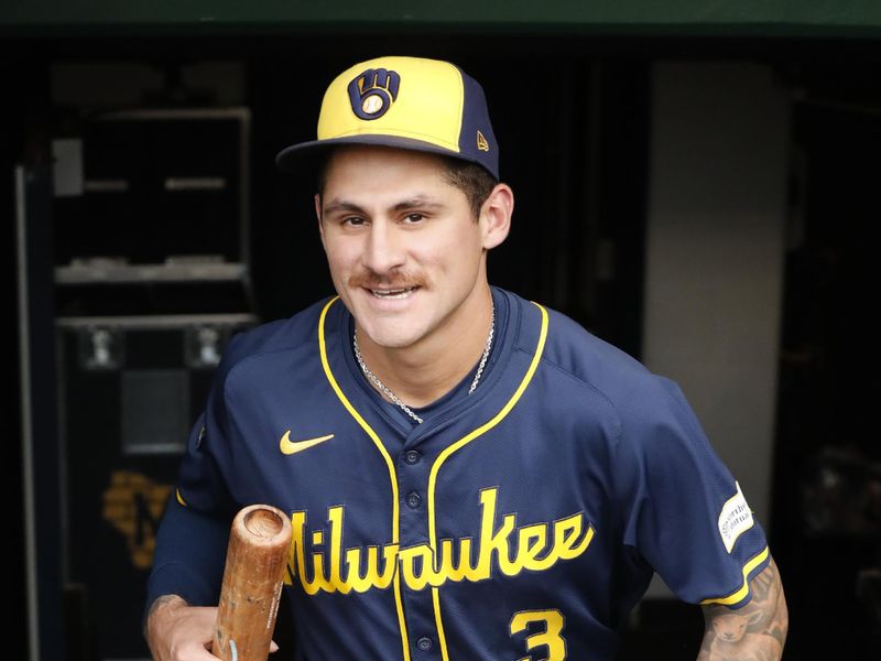 Sep 26, 2024; Pittsburgh, Pennsylvania, USA;  Milwaukee Brewers third baseman Joey Ortiz (3) enters the dugout to play the Pittsburgh Pirates at PNC Park. The Brewers won 5-2. Mandatory Credit: Charles LeClaire-Imagn Images