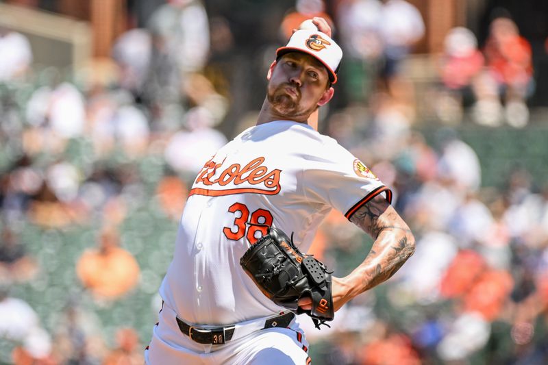 May 2, 2024; Baltimore, Maryland, USA;  Baltimore Orioles starting pitcher Kyle Bradish (38) delivers a first inning pitch against the New York Yankees at Oriole Park at Camden Yards. Mandatory Credit: James A. Pittman-USA TODAY Sports