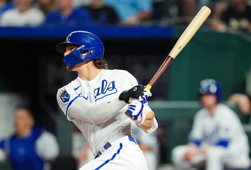 Aug 15, 2023; Kansas City, Missouri, USA; Kansas City Royals shortstop Bobby Witt Jr. (7) hits a grand slam during the fifth inning against the Seattle Mariners at Kauffman Stadium. Mandatory Credit: Jay Biggerstaff-USA TODAY Sports