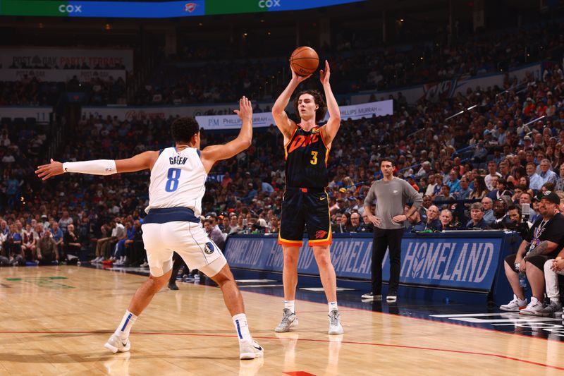 OKLAHOMA CITY, OK - APRIL 14:  Josh Giddey #3 of the Oklahoma City Thunder looks to pass the ball during the game against the Dallas Mavericks on April 14, 2024 at Paycom Arena in Oklahoma City, Oklahoma. NOTE TO USER: User expressly acknowledges and agrees that, by downloading and or using this photograph, User is consenting to the terms and conditions of the Getty Images License Agreement. Mandatory Copyright Notice: Copyright 2024 NBAE (Photo by Zach Beeker/NBAE via Getty Images)