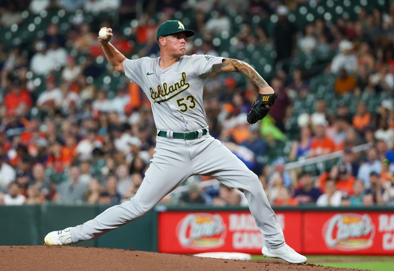 May 15, 2024; Houston, Texas, USA; Oakland Athletics starting pitcher Aaron Brooks (53) pitches against the Houston Astros in the first inning at Minute Maid Park. Mandatory Credit: Thomas Shea-USA TODAY Sports