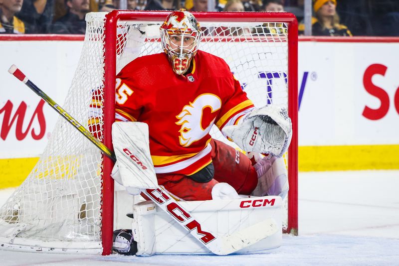 Feb 22, 2024; Calgary, Alberta, CAN; Calgary Flames goaltender Jacob Markstrom (25) guards his net against the Boston Bruins during the third period at Scotiabank Saddledome. Mandatory Credit: Sergei Belski-USA TODAY Sports