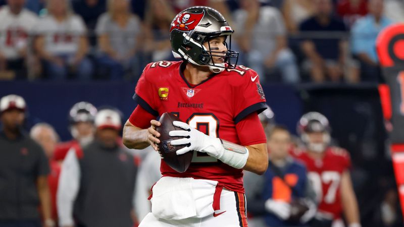 Tampa Bay Buccaneers quarterback Tom Brady (12) drops back to pass in the first half of a NFL football game against the Dallas Cowboys in Arlington, Texas, Sunday, Sept. 11, 2022. (AP Photo/Ron Jenkins)