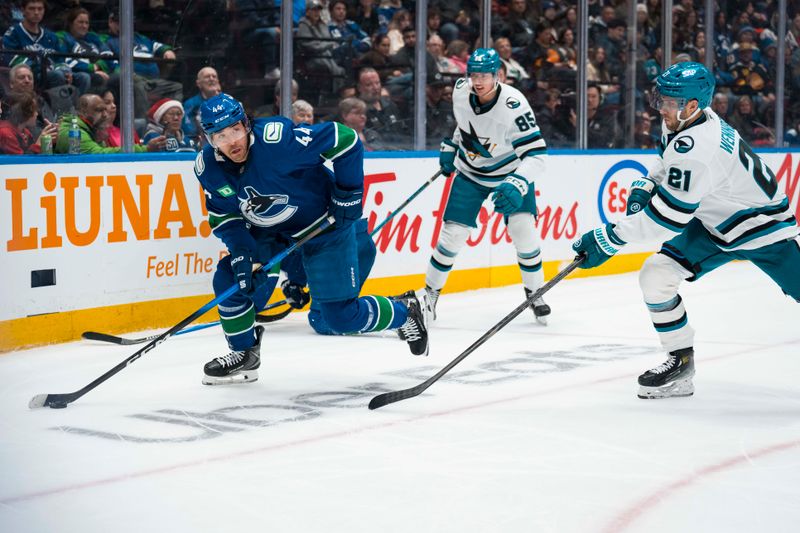 Dec 27, 2025; Vancouver, British Columbia, CAN; San Jose Sharks forward Alexander Wennberg (21) defends against Vancouver Canucks forward Kiefer Sherwood (44) in the second period at Rogers Arena. Mandatory Credit: Bob Frid-Imagn Images