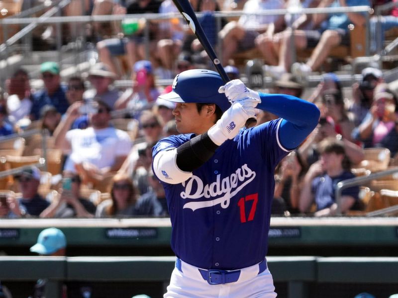 Mar 10, 2024; Phoenix, Arizona, USA; Los Angeles Dodgers designated hitter Shohei Ohtani (17) bats against the Arizona Diamondbacks during the first inning at Camelback Ranch-Glendale. Mandatory Credit: Joe Camporeale-USA TODAY Sports