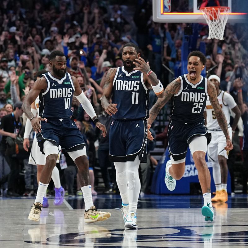 DALLAS, TX - MARCH 17: Kyrie Irving #11 of the Dallas Mavericks celebrates during the game after scoring the game winning basket against the Denver Nuggets on March 17, 2024 at the American Airlines Center in Dallas, Texas. NOTE TO USER: User expressly acknowledges and agrees that, by downloading and or using this photograph, User is consenting to the terms and conditions of the Getty Images License Agreement. Mandatory Copyright Notice: Copyright 2024 NBAE (Photo by Glenn James/NBAE via Getty Images)