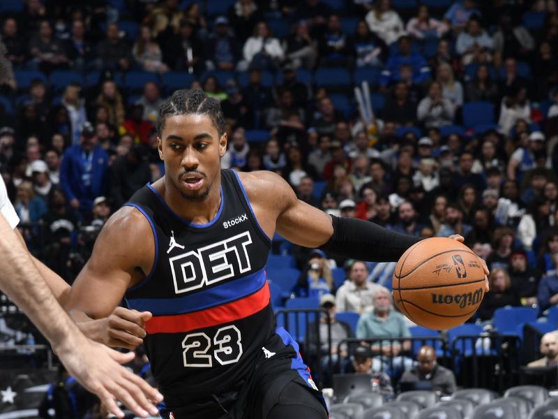 ORLANDO, FL - NOVEMBER 23: Jaden Ivey #23 of the Detroit Pistons drives to the basket during the game against the Orlando Magic on November 23, 2024 at Kia Center in Orlando, Florida. NOTE TO USER: User expressly acknowledges and agrees that, by downloading and or using this photograph, User is consenting to the terms and conditions of the Getty Images License Agreement. Mandatory Copyright Notice: Copyright 2024 NBAE (Photo by Fernando Medina/NBAE via Getty Images)