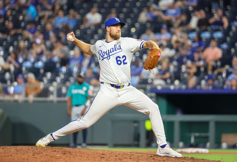 Sep 16, 2025; Kansas City, Missouri, USA; Kansas City Royals relief pitcher Jonathan Bowlan (62) pitches during the seventh inning against the Seattle Mariners at Kauffman Stadium. Mandatory Credit: Scott Sewell-Imagn Images