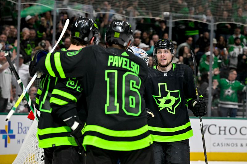 Apr 3, 2024; Dallas, Texas, USA; Dallas Stars center Tyler Seguin (91) and center Joe Pavelski (16) and defenseman Miro Heiskanen (4) celebrates a goal scored by Seguin against the Edmonton Oilers during the second period at the American Airlines Center. Mandatory Credit: Jerome Miron-USA TODAY Sports