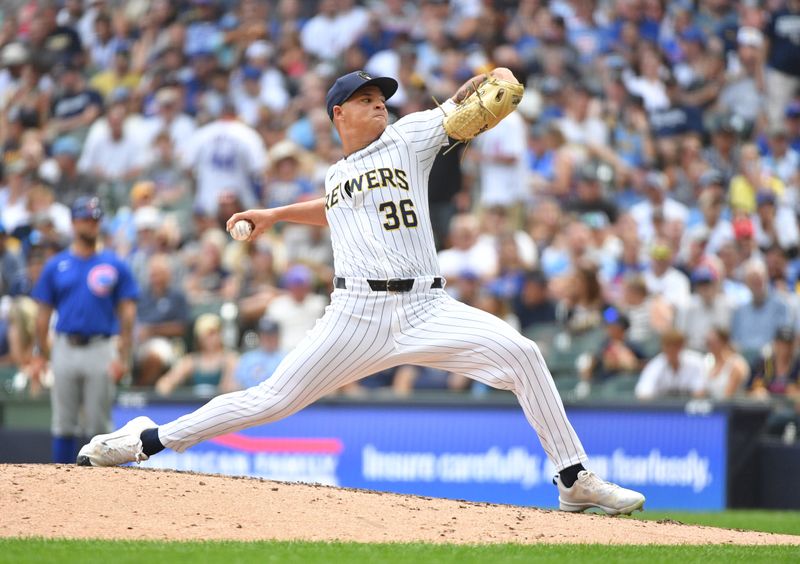 Jun 29, 2024; Milwaukee, Wisconsin, USA; Milwaukee Brewers pitcher Tobias Myers (36) delivers a pitch in the fifth inning against the Chicago Cubs at American Family Field. Mandatory Credit: Michael McLoone-USA TODAY Sports