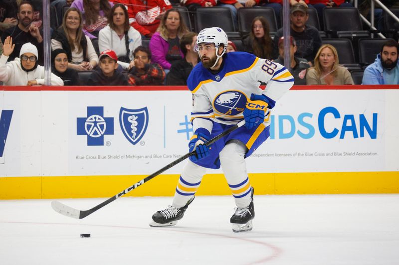 Nov 2, 2024; Detroit, Michigan, USA; Buffalo Sabres right wing Alex Tuch (89) handles the puck during the third period of the game at Little Caesars Arena. Mandatory Credit: Brian Bradshaw Sevald-Imagn Images