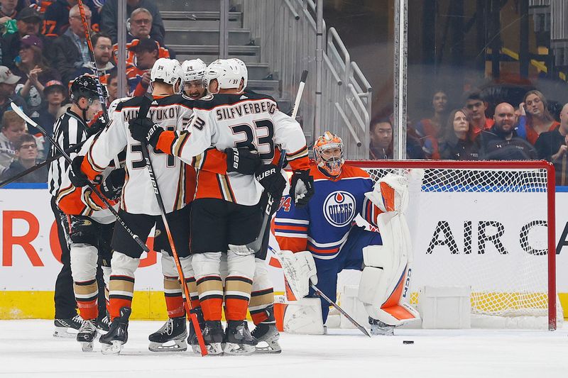 Nov 26, 2023; Edmonton, Alberta, CAN; The Anaheim Ducks celebrate a goal scored by Anaheim Ducks forward Max Jones (49) during the first period against the Edmonton Oilers at Rogers Place. Mandatory Credit: Perry Nelson-USA TODAY Sports