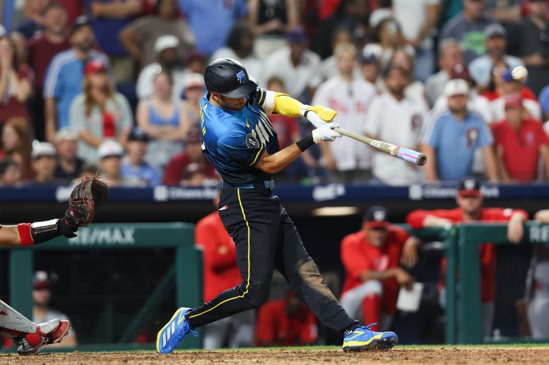 Aug 16, 2024; Philadelphia, Pennsylvania, USA; Philadelphia Phillies shortstop Trea Turner (7) hits a walk off game winning RBI single during the ninth inning against the Washington Nationals at Citizens Bank Park. Mandatory Credit: Bill Streicher-USA TODAY Sports