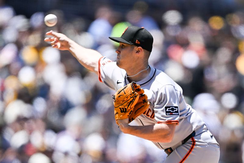 Apr 30, 2025; San Diego, California, USA; San Francisco Giants starting pitcher Landen Roupp (65) delivers during the first inning against the San Diego Padres at Petco Park. Mandatory Credit: Denis Poroy-Imagn Images