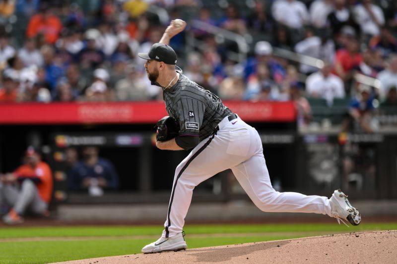 Jun 29, 2024; New York City, New York, USA; New York Mets pitcher Tylor Megill (38) pitches against the Houston Astros during the first inning at Citi Field. Mandatory Credit: John Jones-USA TODAY Sports