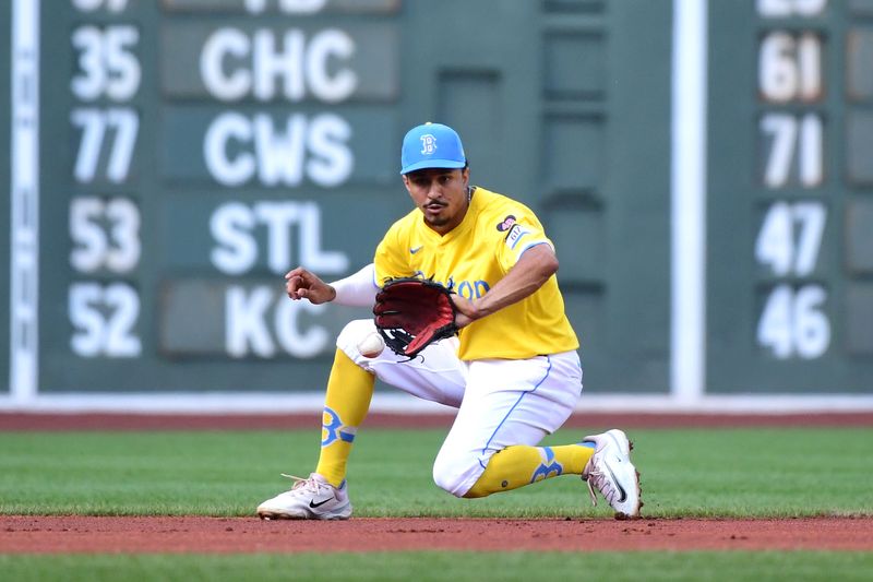 Aug 10, 2024; Boston, Massachusetts, USA;  Boston Red Sox shortstop David Hamilton (70) fields a ground ball during the first inning against the Houston Astros at Fenway Park. Mandatory Credit: Bob DeChiara-USA TODAY Sports