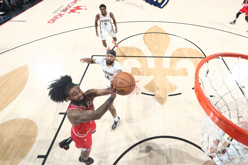 NEW ORLEANS, LA - FEBRUARY 25: Coby White #0 of the Chicago Bulls shoots the ball during the game against the New Orleans Pelicans on February 25, 2024 at the Smoothie King Center in New Orleans, Louisiana. NOTE TO USER: User expressly acknowledges and agrees that, by downloading and or using this Photograph, user is consenting to the terms and conditions of the Getty Images License Agreement. Mandatory Copyright Notice: Copyright 2024 NBAE (Photo by Layne Murdoch Jr./NBAE via Getty Images)