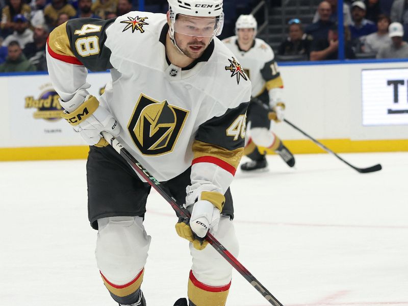 Oct 17, 2024; Tampa, Florida, USA; Vegas Golden Knights center Tomas Hertl (48) skates with the puck against the Tampa Bay Lightning during the second period at Amalie Arena. Mandatory Credit: Kim Klement Neitzel-Imagn Images