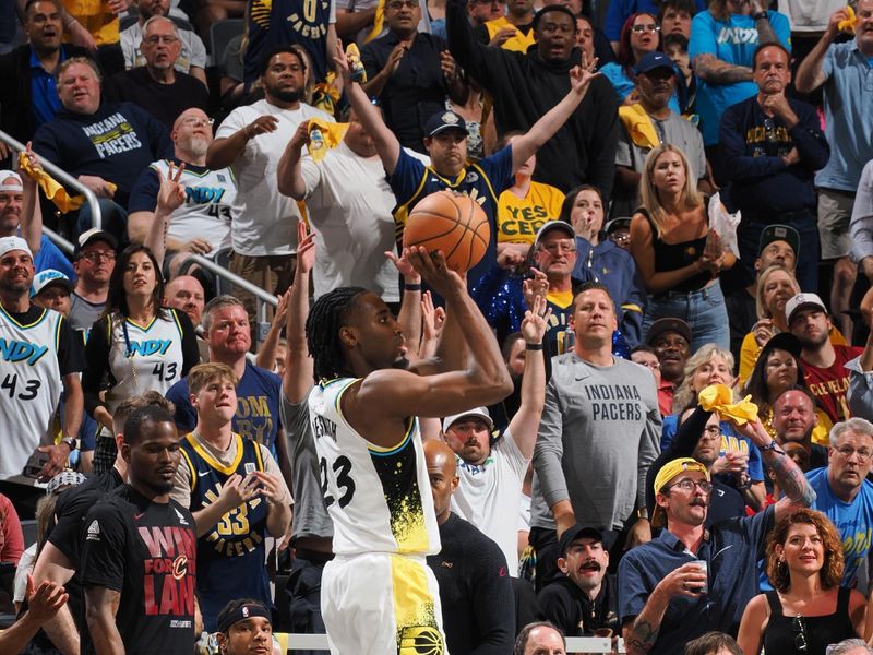 INDIANAPOLIS, IN - MAY 11: Aaron Nesmith #23 of the Indiana Pacers shoots the ball during the game against the Cleveland Cavaliers during Round Two Game Four of the 2025 NBA Playoffs on May 11, 2025 at Gainbridge Fieldhouse in Indianapolis, Indiana. NOTE TO USER: User expressly acknowledges and agrees that, by downloading and or using this Photograph, user is consenting to the terms and conditions of the Getty Images License Agreement. Mandatory Copyright Notice: Copyright 2025 NBAE (Photo by Ron Hoskins/NBAE via Getty Images)