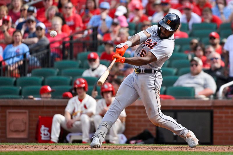 May 6, 2023; St. Louis, Missouri, USA;  Detroit Tigers left fielder Akil Baddoo (60) hits a go-ahead one run double against the St. Louis Cardinals during the tenth inning at Busch Stadium. Mandatory Credit: Jeff Curry-USA TODAY Sports