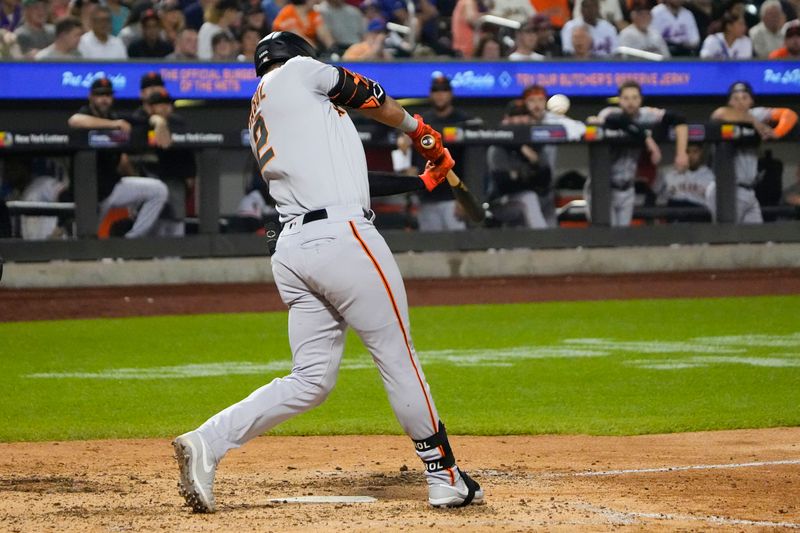 Jul 2, 2023; New York City, New York, USA;  San Francisco Giants designated hitter Blake Sabol (2) hits a two run home run against the New York Mets during the seventh inning at Citi Field. Mandatory Credit: Gregory Fisher-USA TODAY Sports