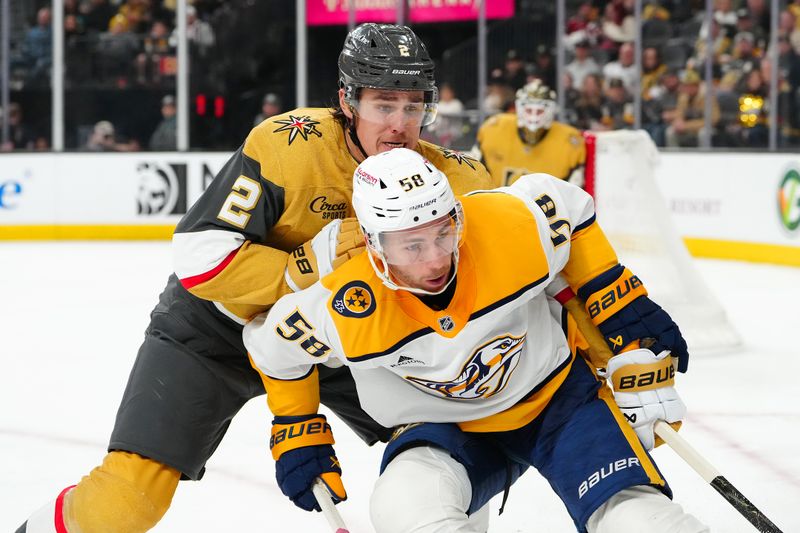 Jan 17, 2026; Las Vegas, Nevada, USA; Nashville Predators left wing Michael Bunting (58) and Vegas Golden Knights defenseman Zach Whitecloud (2) pursue the puck during the first period at T-Mobile Arena. Mandatory Credit: Stephen R. Sylvanie-Imagn Images