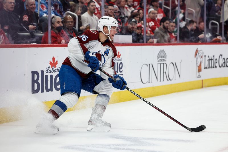 Feb 22, 2024; Detroit, Michigan, USA; Colorado Avalanche right wing Mikko Rantanen (96) skates with the puck in the first period against the Detroit Red Wings at Little Caesars Arena. Mandatory Credit: Rick Osentoski-USA TODAY Sports