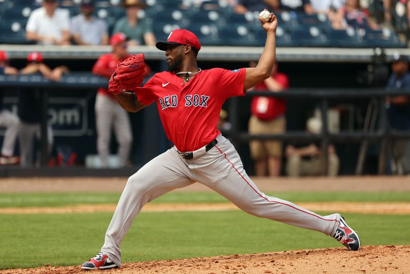 Mar 13, 2024; Tampa, Florida, USA; Boston Red Sox pitcher Joely Rodriguez (56) throws a pitch during the fifth inning against the New York Yankees at George M. Steinbrenner Field. Mandatory Credit: Kim Klement Neitzel-USA TODAY Sports