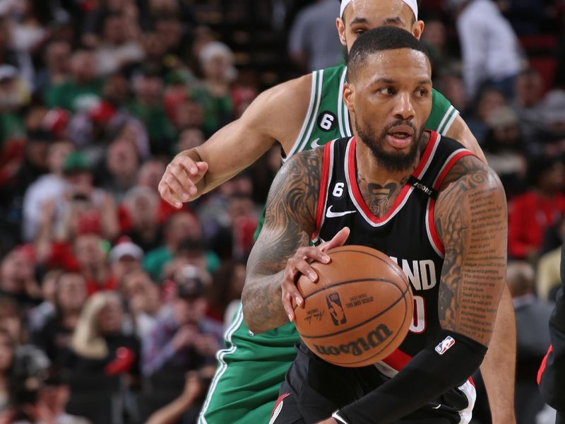 PORTLAND, OR - MARCH 17: Damian Lillard #0 of the Portland Trail Blazers dribbles the ball during the game against the Boston Celtics on March 17, 2023 at the Moda Center Arena in Portland, Oregon. NOTE TO USER: User expressly acknowledges and agrees that, by downloading and or using this photograph, user is consenting to the terms and conditions of the Getty Images License Agreement. Mandatory Copyright Notice: Copyright 2023 NBAE (Photo by Cameron Browne/NBAE via Getty Images)