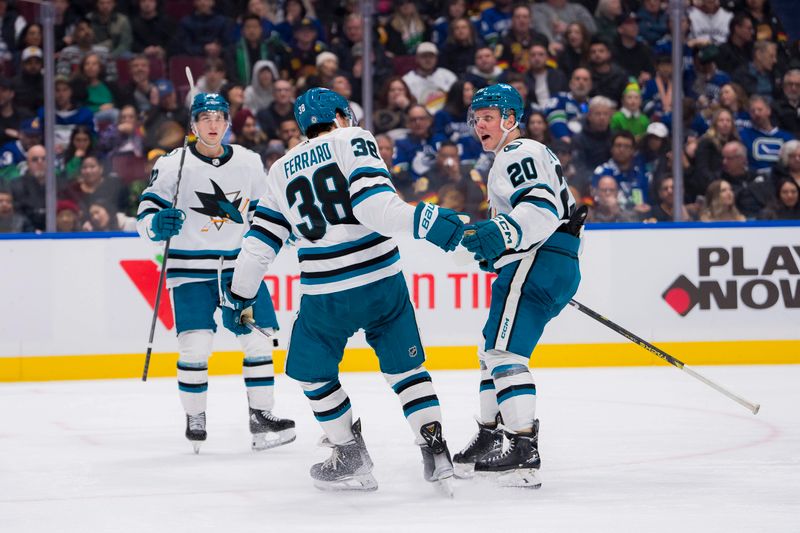 Dec 23, 2023; Vancouver, British Columbia, CAN; San Jose Sharks forward William Eklund (72) and defenseman Mario Ferraro (38) and forward Fabian Zetterlund (20) celebrate Zetterlund   s goal against the Vancouver Canucks in the second period at Rogers Arena. Mandatory Credit: Bob Frid-USA TODAY Sports