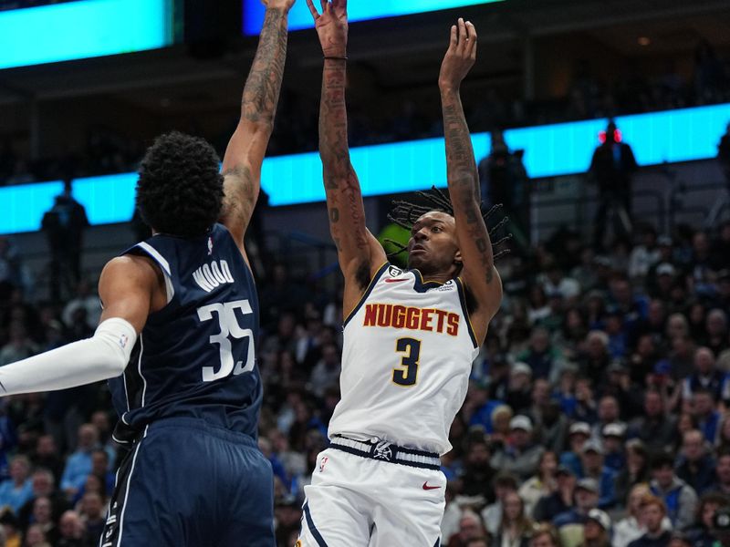 DALLAS, TX - NOVEMBER 20: Bones Hyland #3 of the Denver Nuggets shoots the ball during the game against the Dallas Mavericks on November 20, 2022 at the American Airlines Center in Dallas, Texas. NOTE TO USER: User expressly acknowledges and agrees that, by downloading and or using this photograph, User is consenting to the terms and conditions of the Getty Images License Agreement. Mandatory Copyright Notice: Copyright 2022 NBAE (Photo by Glenn James/NBAE via Getty Images)