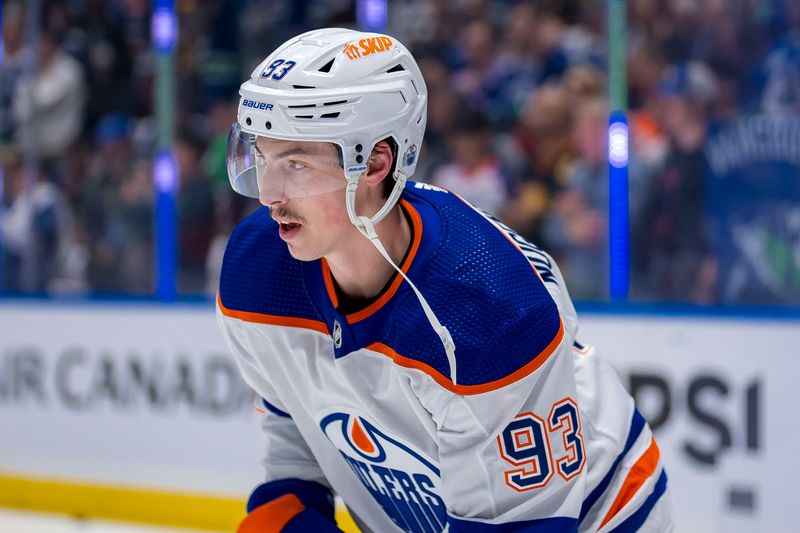 May 8, 2024; Vancouver, British Columbia, CAN; Edmonton Oilers forward Ryan Nugent Hopkins (93) skates in warm up prior to game one of the second round of the 2024 Stanley Cup Playoffs against the Vancouver Canucks at Rogers Arena. Mandatory Credit: Bob Frid-USA TODAY Sports