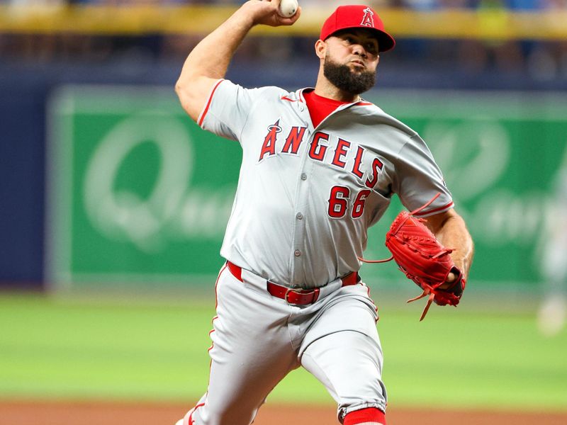 Apr 18, 2024; St. Petersburg, Florida, USA;  Los Angeles Angels pitcher Luis García (66) throws a pitch against the Tampa Bay Rays in the sixth inning at Tropicana Field. Mandatory Credit: Nathan Ray Seebeck-USA TODAY Sports