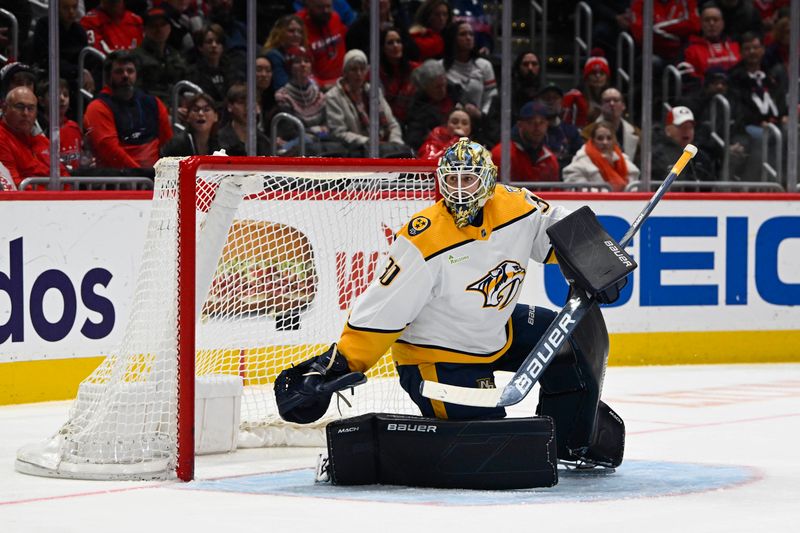 Dec 30, 2023; Washington, District of Columbia, USA; Nashville Predators goaltender Yaroslav Askarov (30) in net /awarded/ during the first period at Capital One Arena. Mandatory Credit: Brad Mills-USA TODAY Sports