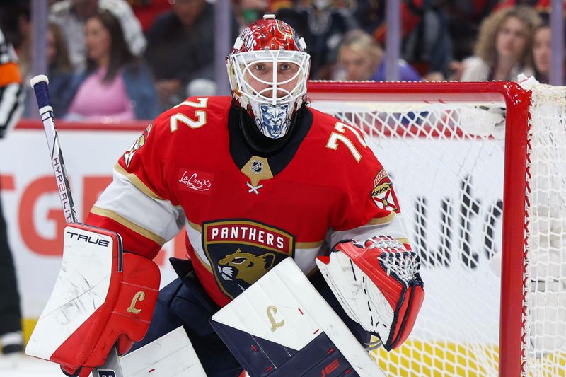 Apr 26, 2025; Sunrise, Florida, USA; Florida Panthers goaltender Sergei Bobrovsky (72) looks onagainst the Tampa Bay Lightning in the second period during game three of the first round of the 2025 Stanley Cup Playoffs at Amerant Bank Arena. Mandatory Credit: Nathan Ray Seebeck-Imagn Images
