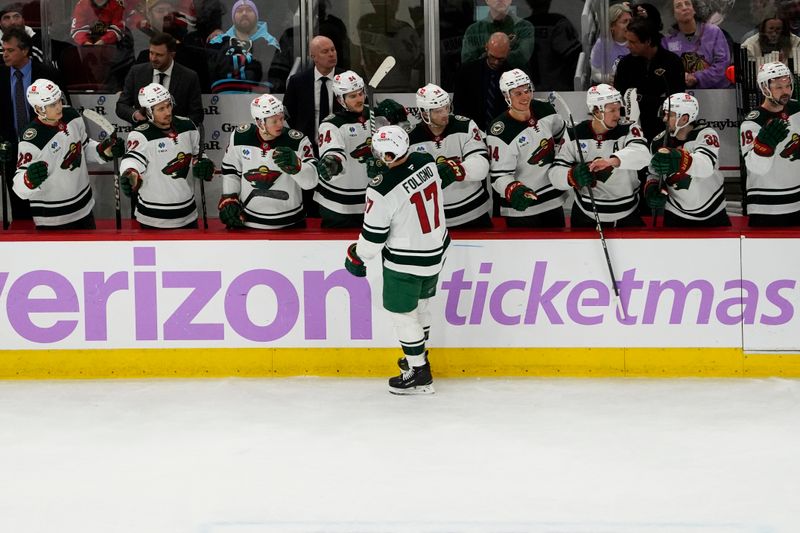 Jan 26, 2025; Chicago, Illinois, USA; Minnesota Wild left wing Marcus Foligno (17) celebrates his goal against the Chicago Blackhawks during the third period at United Center. Mandatory Credit: David Banks-Imagn Images