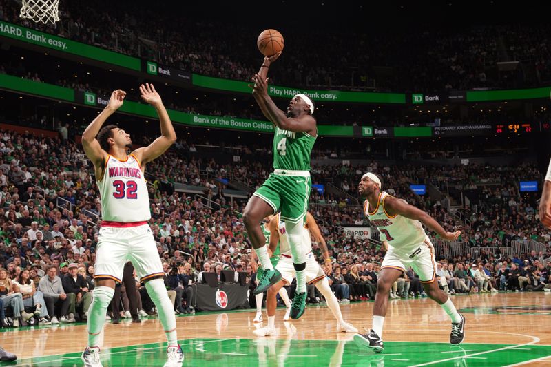 BOSTON, MA - NOVEMBER 6: Jrue Holiday #4 of the Boston Celtics drives to the basket during the game against the Golden State Warriors on November 6, 2024 at TD Garden in Boston, Massachusetts. NOTE TO USER: User expressly acknowledges and agrees that, by downloading and/or using this Photograph, user is consenting to the terms and conditions of the Getty Images License Agreement. Mandatory Copyright Notice: Copyright 2024 NBAE (Photo by Jesse D. Garrabrant/NBAE via Getty Images)