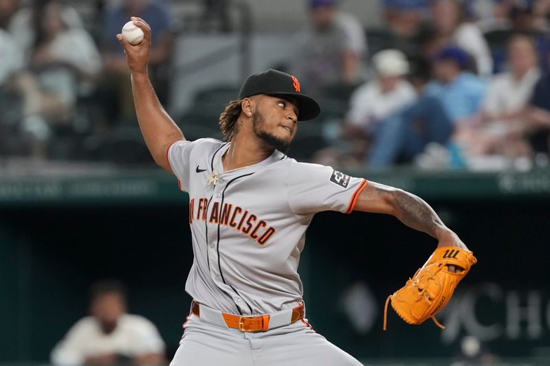 Jun 7, 2024; Arlington, Texas, USA; San Francisco Giants relief pitcher Camilo Doval (75) delivers a pitch to the San Francisco Giants during the ninth inning at Globe Life Field. Mandatory Credit: Jim Cowsert-USA TODAY Sports