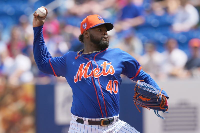 Mar 24, 2024; Port St. Lucie, Florida, USA;  New York Mets starting pitcher Luis Severino (40) pitches in the first inning against the Washington Nationals at Clover Park. Mandatory Credit: Jim Rassol-USA TODAY Sports