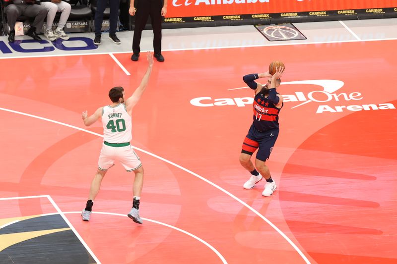 WASHINGTON, DC -? NOVEMBER 22:  Jonas Valanciunas #17 of the Washington Wizards shoots the ball during the game against the Boston Celtics during the NBA Emirates Cup game on November 22, 2024 at Capital One Arena in Washington, DC. NOTE TO USER: User expressly acknowledges and agrees that, by downloading and or using this Photograph, user is consenting to the terms and conditions of the Getty Images License Agreement. Mandatory Copyright Notice: Copyright 2024 NBAE (Photo by Kenny Giarla/NBAE via Getty Images)