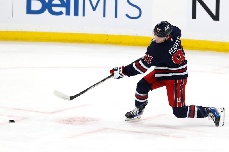 Oct 20, 2024; Winnipeg, Manitoba, CAN; Winnipeg Jets center Cole Perfetti (91) warms up before a game against the Pittsburgh Penguins at Canada Life Centre. Mandatory Credit: James Carey Lauder-Imagn Images